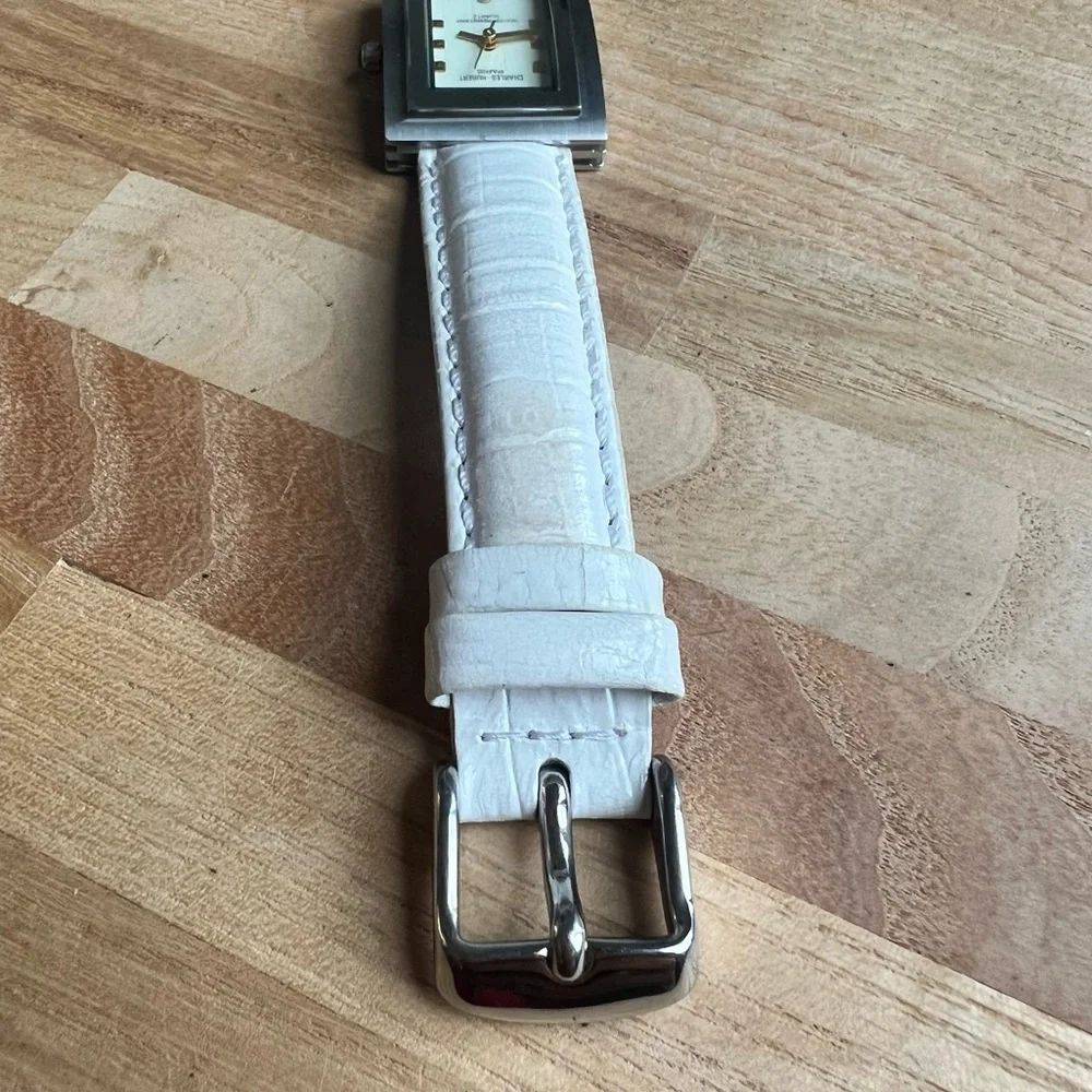 Charles Hubert Paris ladies rectangular white leather dress watch NEW BATTERY